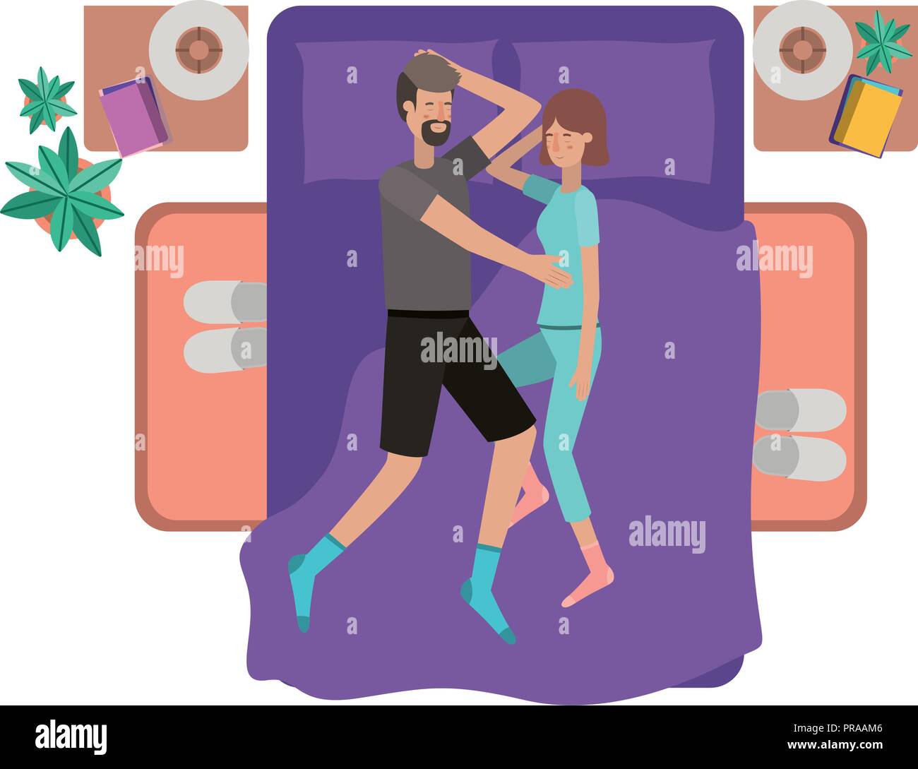 young couple in bed avatar character Stock Vector