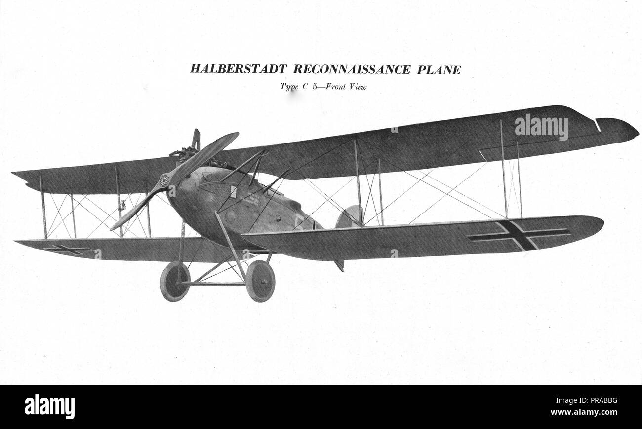 November 1918 -   Types of German Airplanes. Halberstadt Reconnaissance Plane. Front View Stock Photo