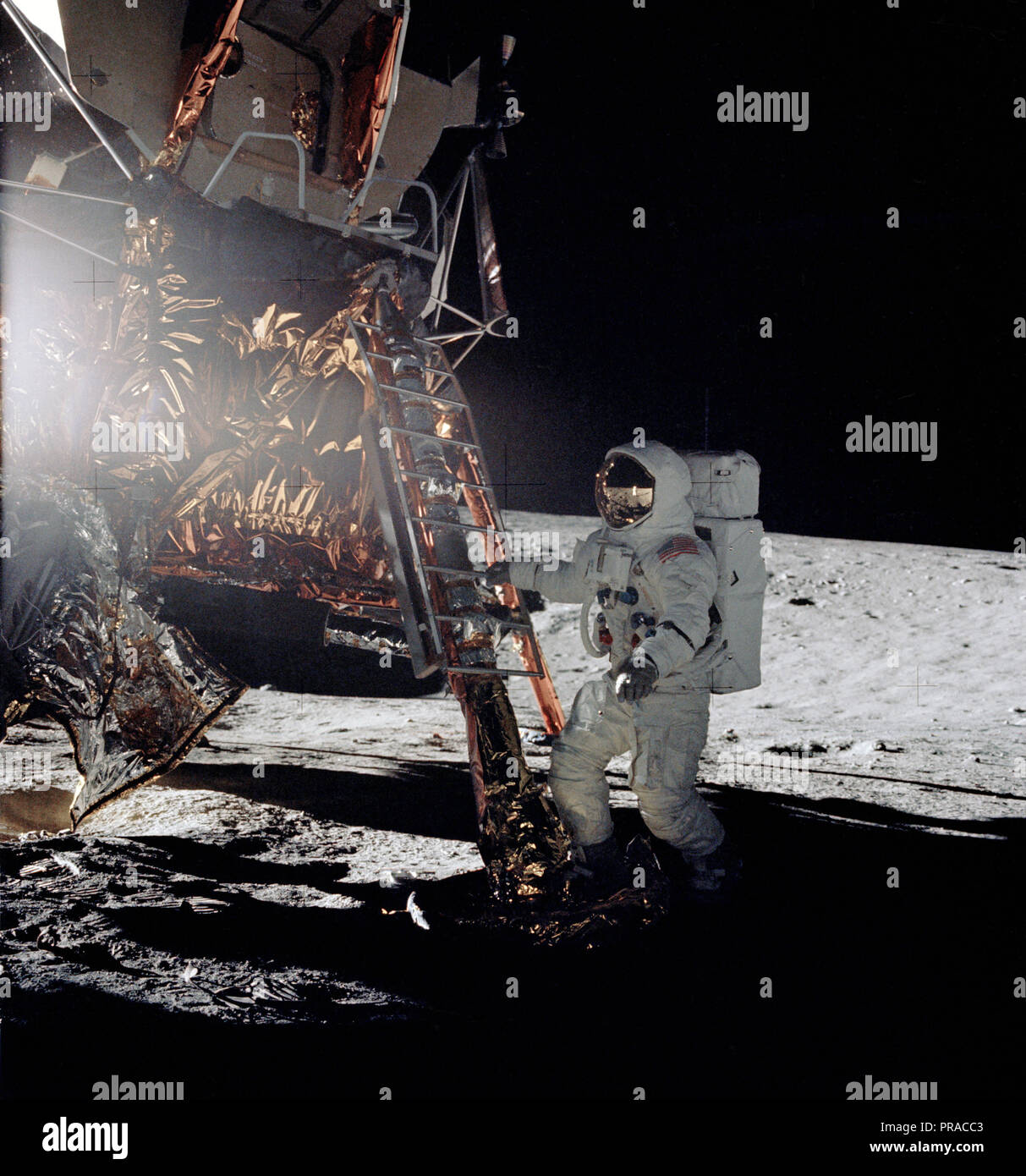 Astronaut Alan L. Bean, lunar module pilot for the Apollo 12 lunar landing mission, steps from the ladder of the Lunar Module to join astronaut Charles Conrad Jr., commander, in extravehicular activity on Nov. 19, 1969. Stock Photo