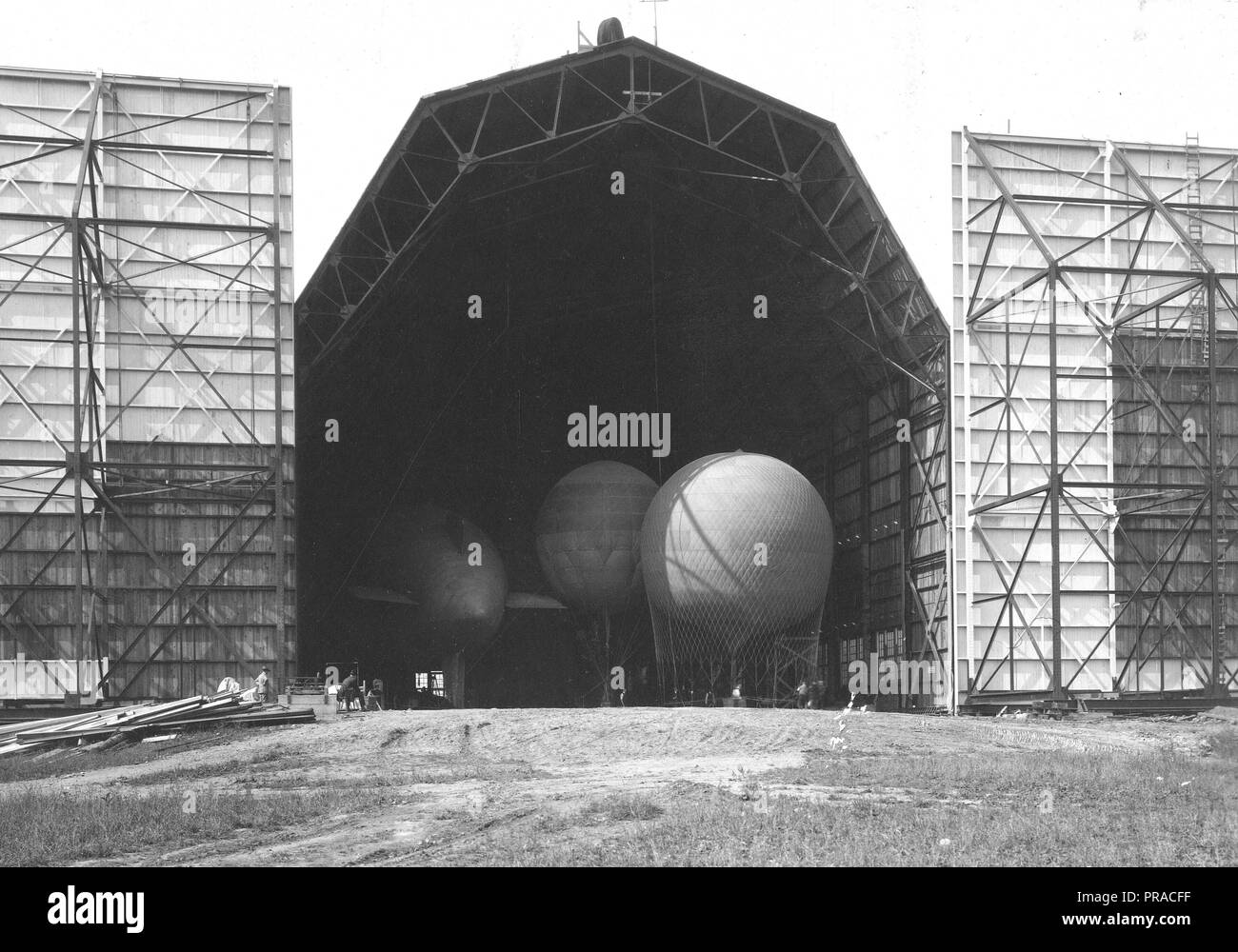 Goodyear Tire and Rubber Co., Flying Field, Akron, Ohio. A number of special type balloons in a hangar Stock Photo