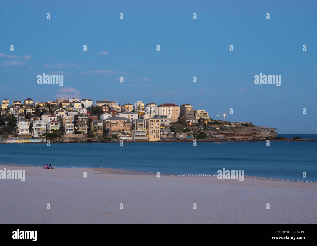 Bondi Beach in Sydney, New South Wales at dusk during blue hour. Stock Photo