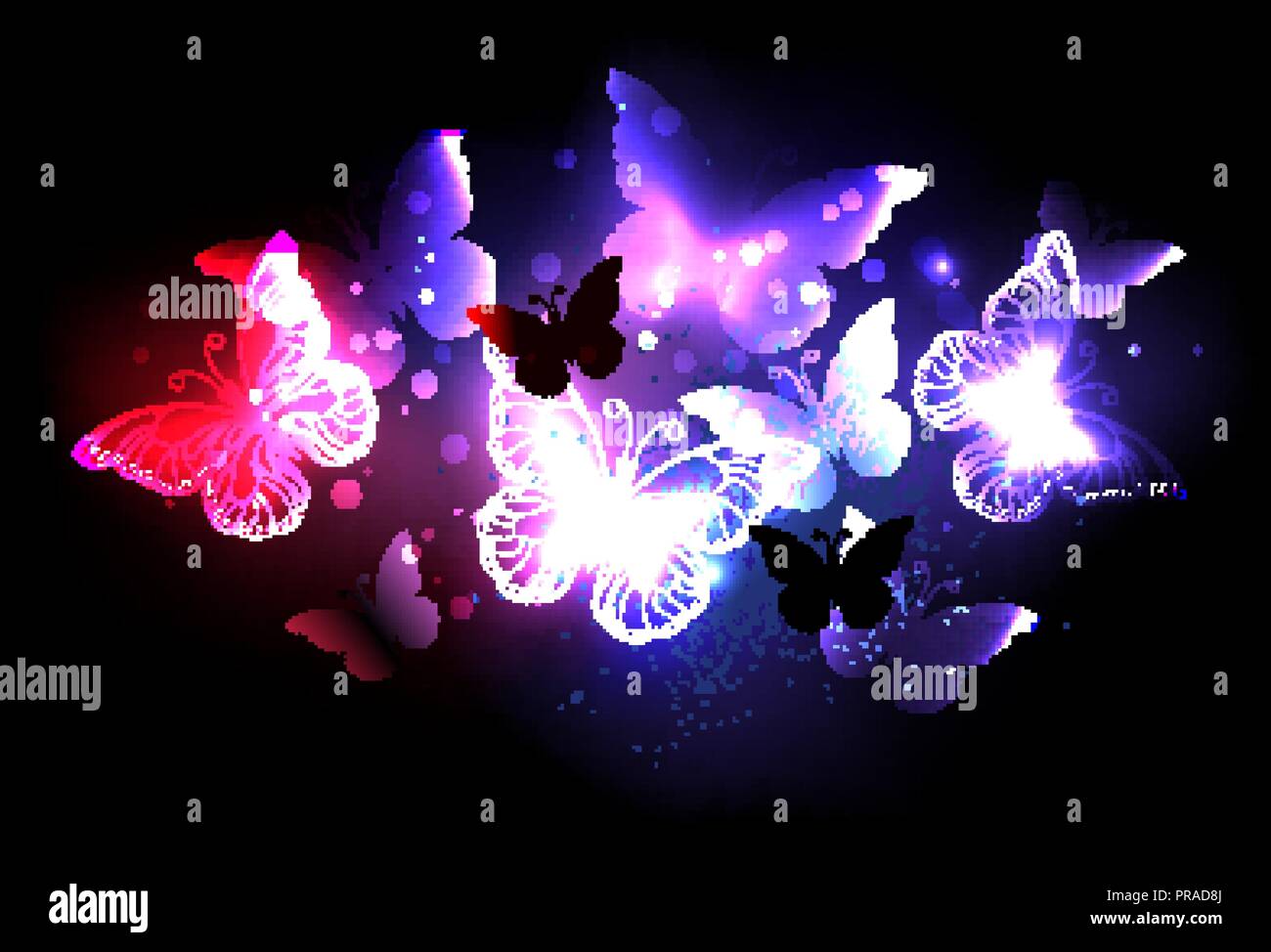 Swarm of glowing night butterflies on  night, black background. Stock Vector