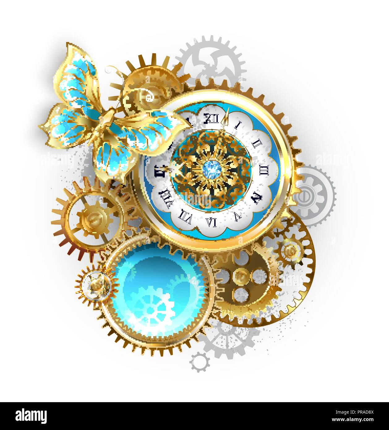 Antique clock, decorated with pattern, with gold butterfly and gold and brass gears on white background. Steampunk. Stock Vector