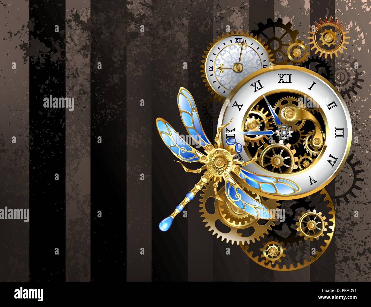 Antique dials with gold and brass gears, decorated with mechanical dragonfly on brown, striped background. Steampunk. Stock Vector