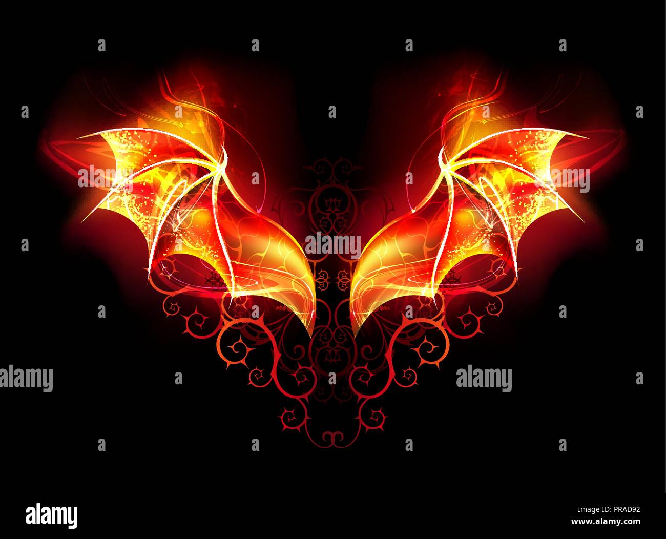 Burning wings of fiery dragon with spiked pattern on black background. Stock Vector
