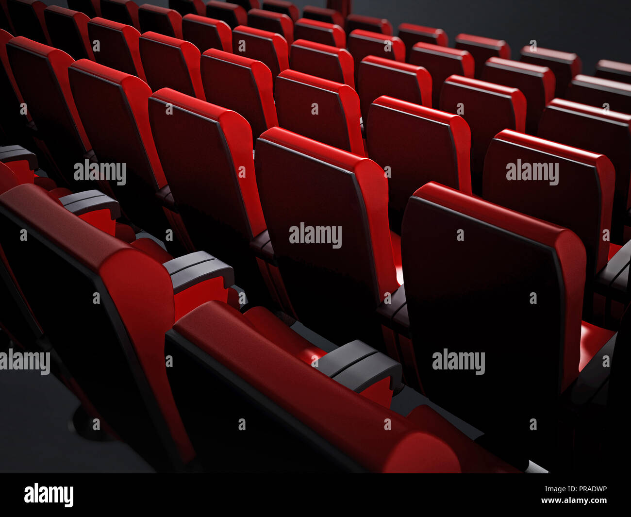 Empty red movie theater seats. 3D illustration. Stock Photo