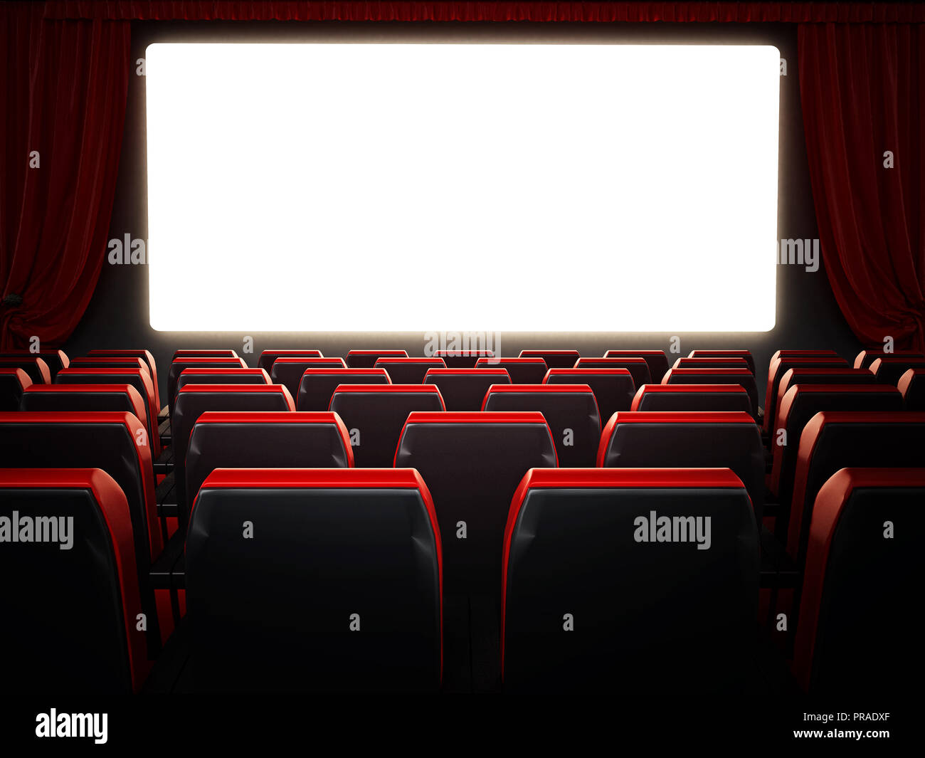 Empty red movie theater seats and blank cinema screen. 3D illustration. Stock Photo