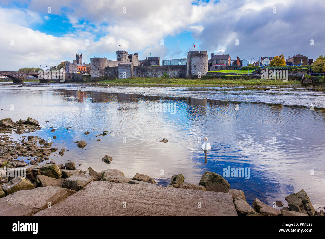 Beautiful panoramic view over medieval King John's Castle and River Shannon in Limerick city, Republic of Ireland Stock Photo