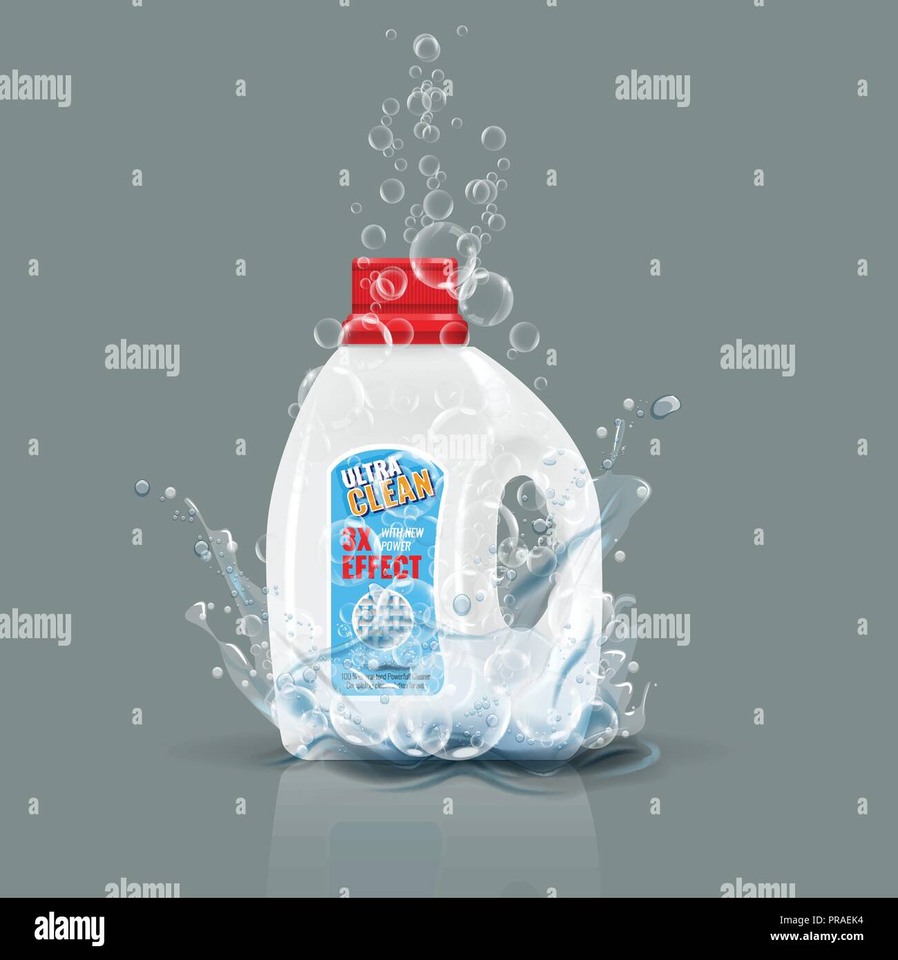 Blue laundry detergent bottle mock up with water splash. Vector