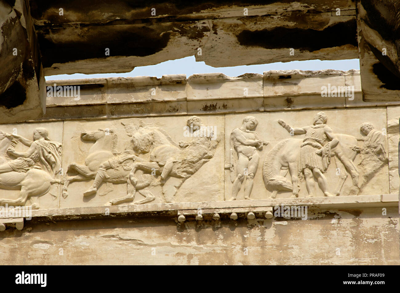 Greece. Athens. Acropolis. Parthenon. Classical temple dedicated to Athena. 447 BC-432 BC. Doric order. Architects: Iktinos and Callicrates. Frieze. High-reliefs under direction of Phidias. Cavalcade. Replica. Stock Photo