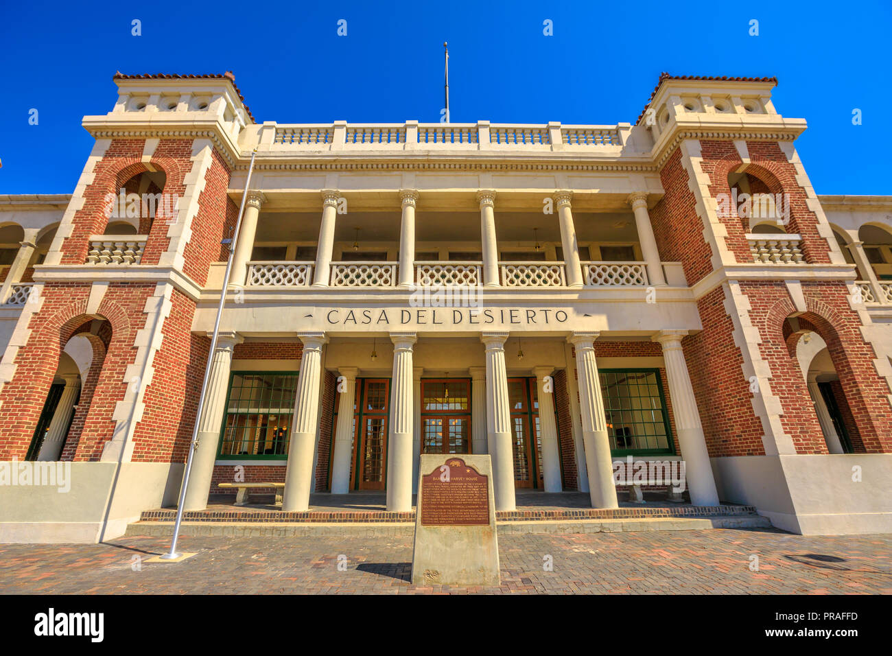 Barstow, California, USA - August 15, 2018: Barstow Harvey House or Harvey House Railroad Depot and Barstow Station, is a historic building that served as Hotel and Santa Fe Railroad depot. Stock Photo