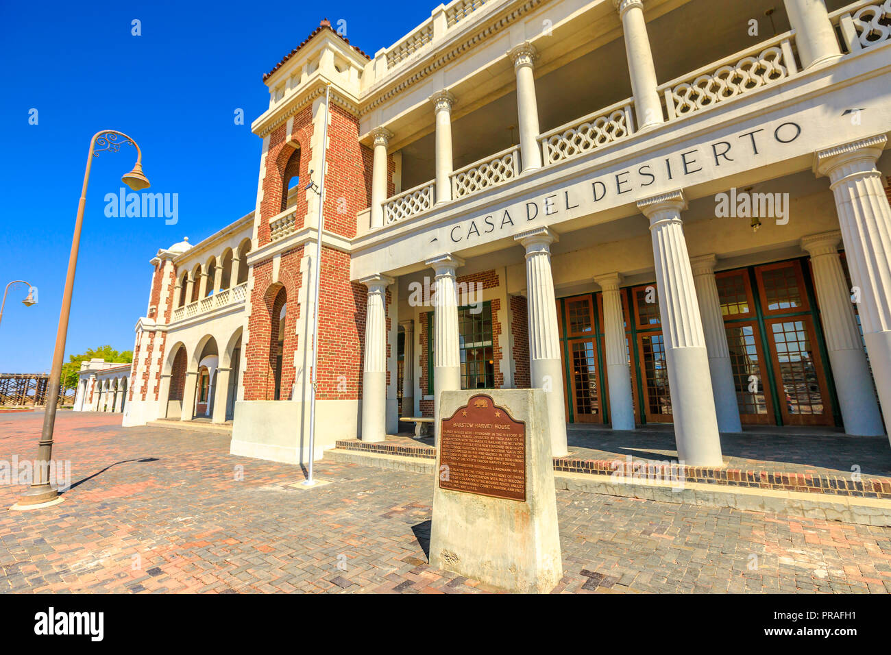 Barstow, California, USA - August 15, 2018: Barstow Harvey House or Railroad Depot, is a historic building home to: Amtrak station, government building offices, Chamber of Commerce, Visitor Center. Stock Photo
