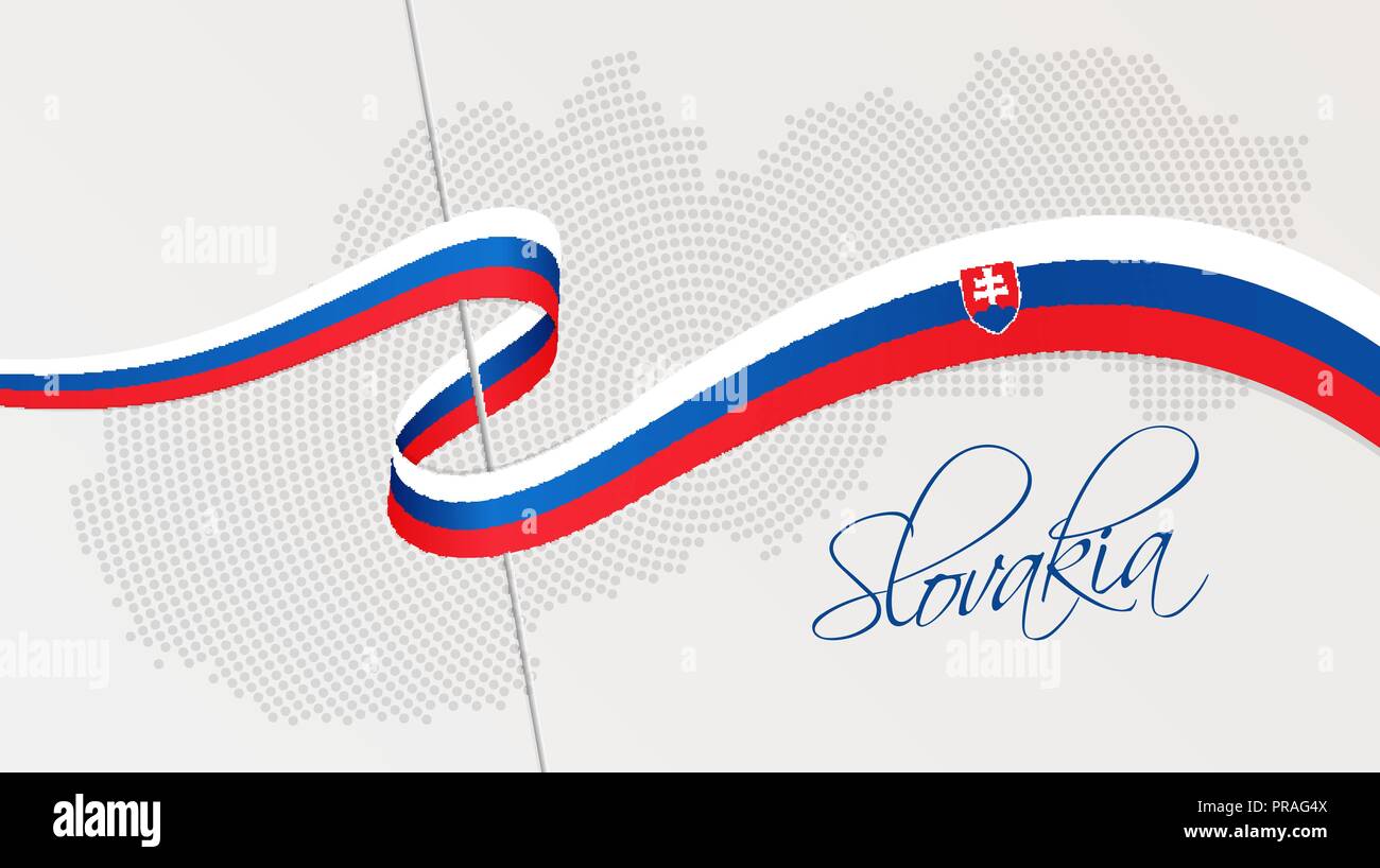 Vector illustration of abstract radial dotted halftone map of Slovakia and wavy ribbon with Slovakian national flag colors for your design Stock Vector