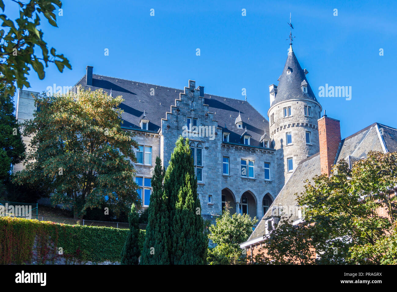 Gothic revival Castle of the Counts, 1904, historicist architectural style, Rochefort, Belgium Stock Photo