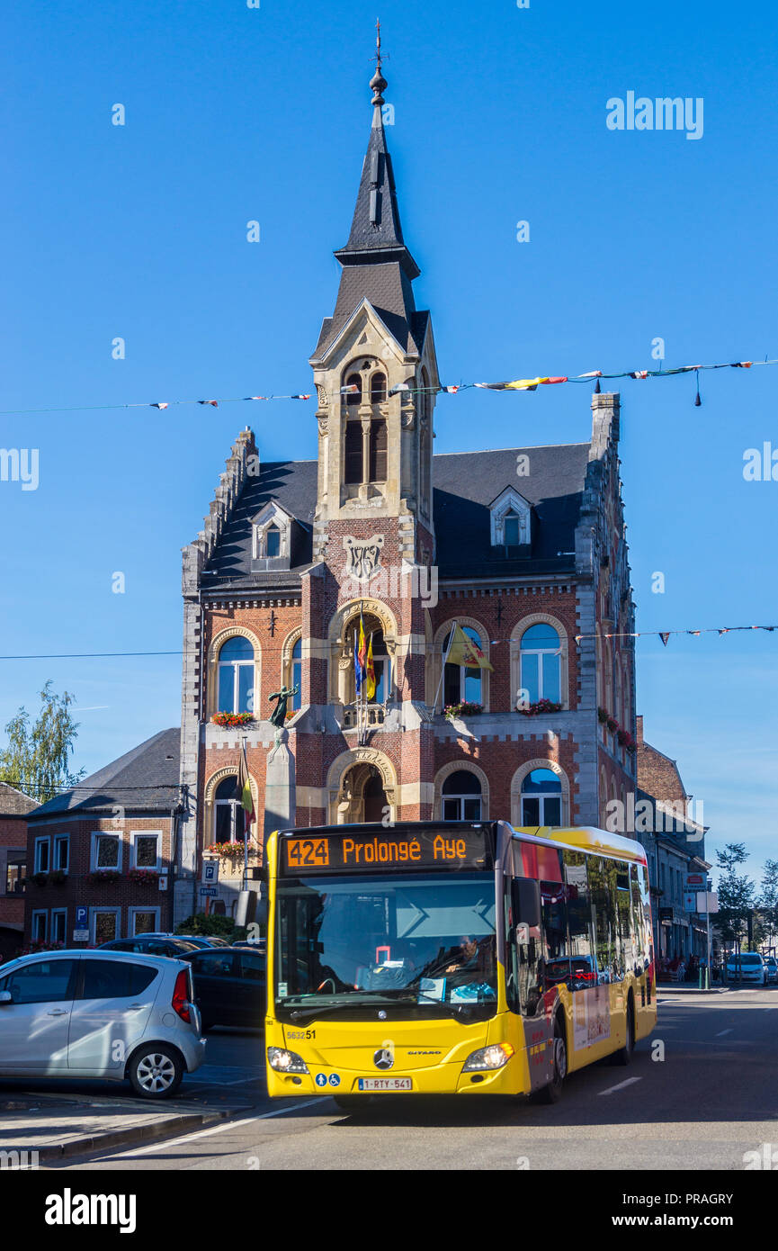 Mercedes Citaro O530 local bus in front of town hall in eclectic style, 1862, Rochefort, Belgium Stock Photo