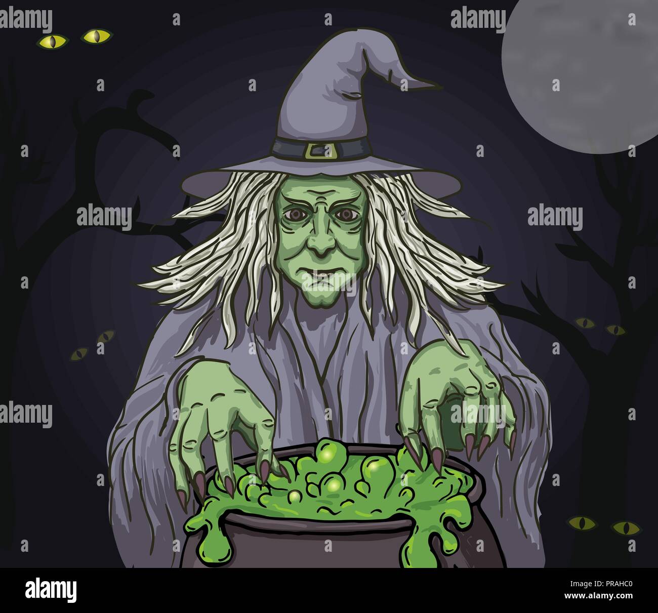Evil cartoon witch with cauldron. Vector clip art illustration. Stock Vector