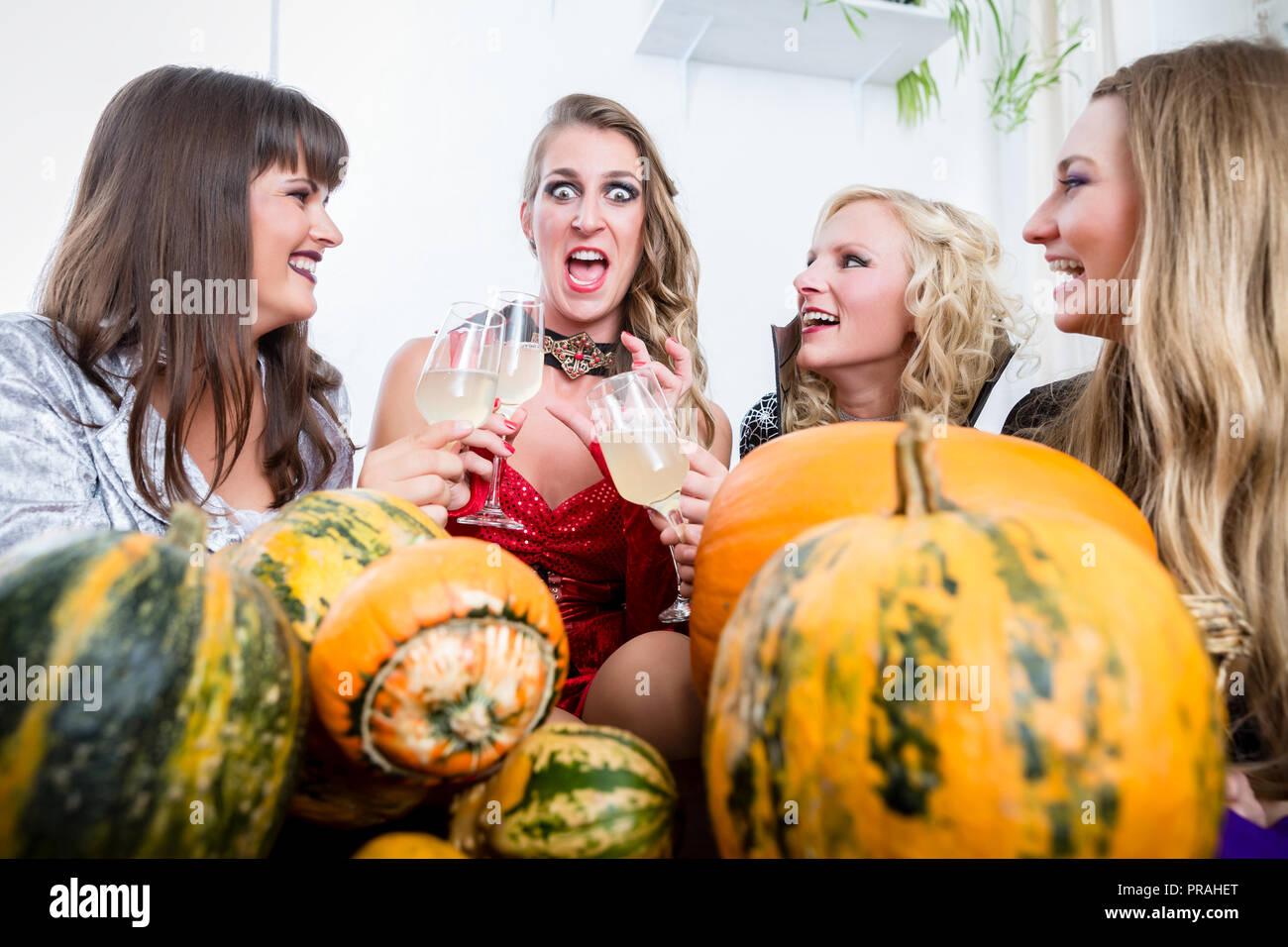 Beautiful woman posing funny while toasting with her friends Stock Photo