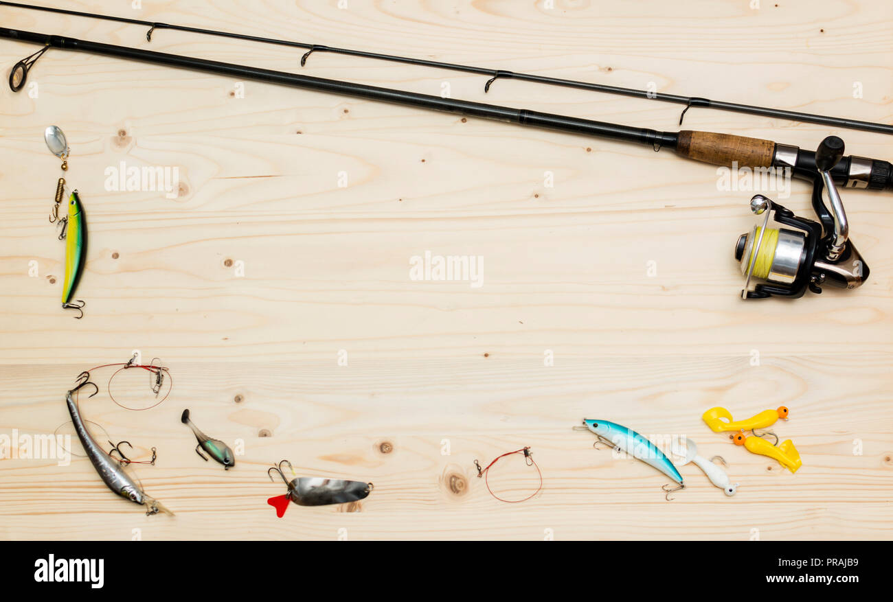 Fishing gear. Tools for fishing. Set of fisherman Stock Photo - Alamy