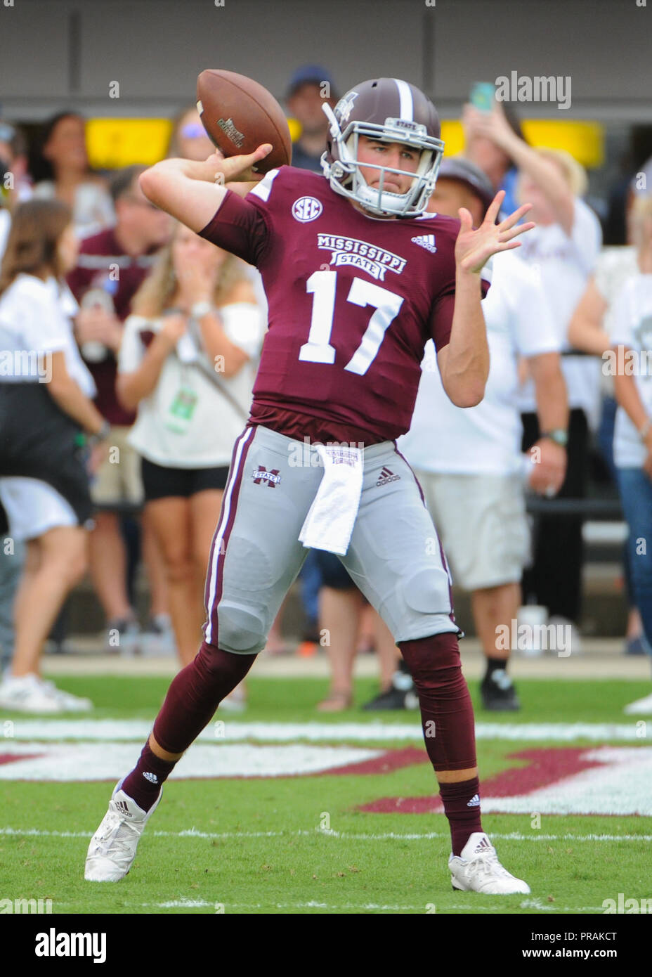Starkville, MS, USA. 29th Sep, 2018. MSU QB, LOGAN BURNETT (17), loads up to throw during the NCAA football action at Davis Wade Stadium in Starkville, MS. Florida defeated Mississippi State, 13-6. Kevin Langley/CSM/Alamy Live News Stock Photo