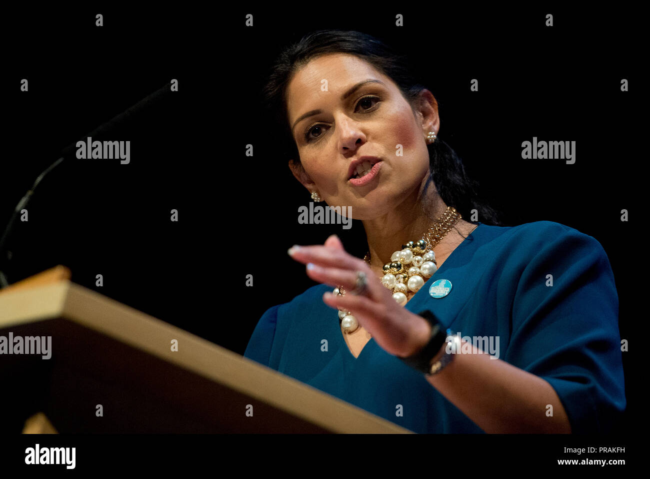 Birmingham, UK. 30th September 2018. Priti Patel, Conservative MP for Witham, speaks at the Brexit Central fringe event at the Conservative Party Conference in Birmingham. © Russell Hart/Alamy Live News. Stock Photo