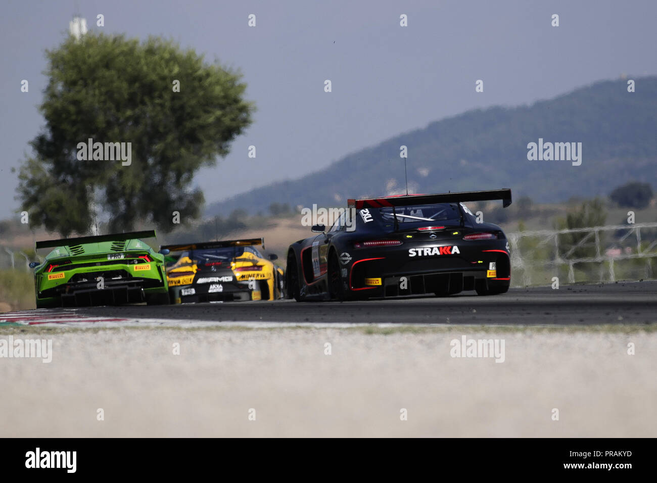 Barcelona, Spain. 30 September 2018. Blancpain GT Endurance Series; 62 MARTIN Maxime, (bel), BAUMANN Dominik (aut), KIRCHHOFER Marvin (deu), AF Racing AG/R-Motorsport Aston Martin V12 GT3 and 44 VIETORIS Christian, (deu), ROWLAND Oliver (gbr), FRAGA Felipe (bra), Strakka Racing Mercedes AMG GT3, seen fighting for position in his group during the first step of the race. Credit: Eric Alonso/SOPA Images/ZUMA Wire/Alamy Live News Stock Photo