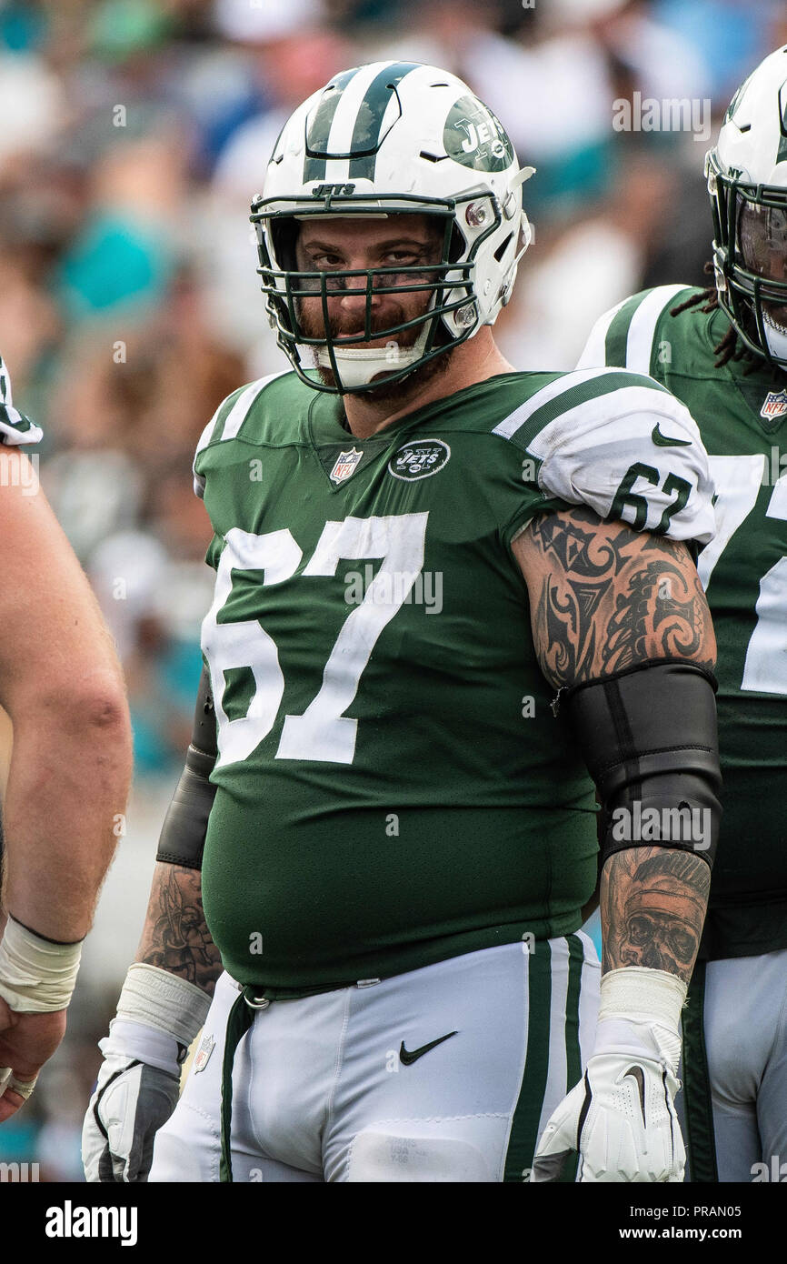 Jacksonville, FL, USA. 30th Sep, 2018. New York Jets offensive guard Brian  Winters (67) during 2nd half NFL football game between the New York Jets  and the Jacksonville Jaguars. Jaguars defeated Jets