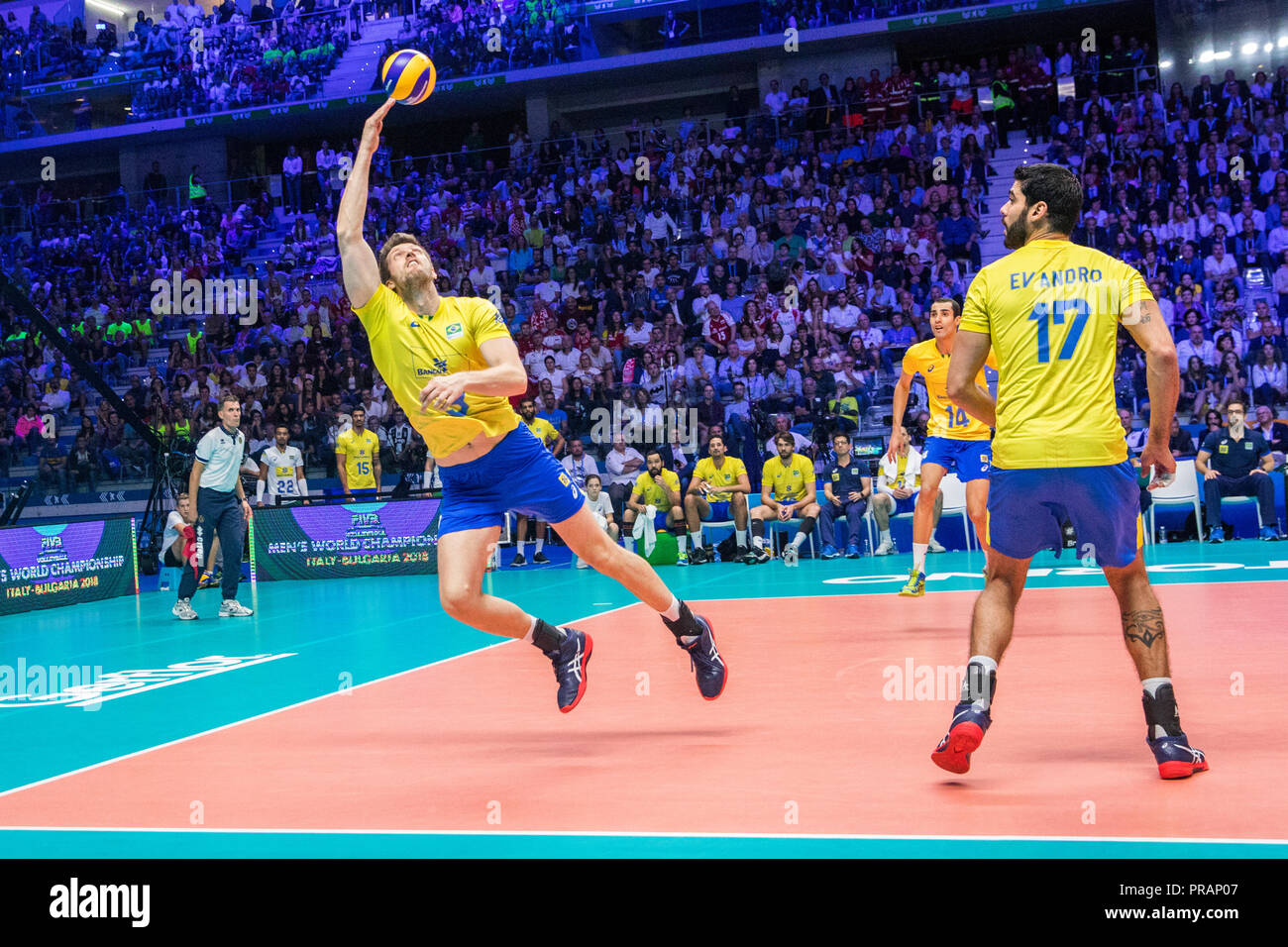 Torino,Italy 30th september 2018. Eder Carbonera (3) of Brazil play the ball  at the Final 2-1- Men of 2018 FIVB World Championship held in  Turin, Italy Credits: Mauro Ujetto/Alamy Live News Stock Photo