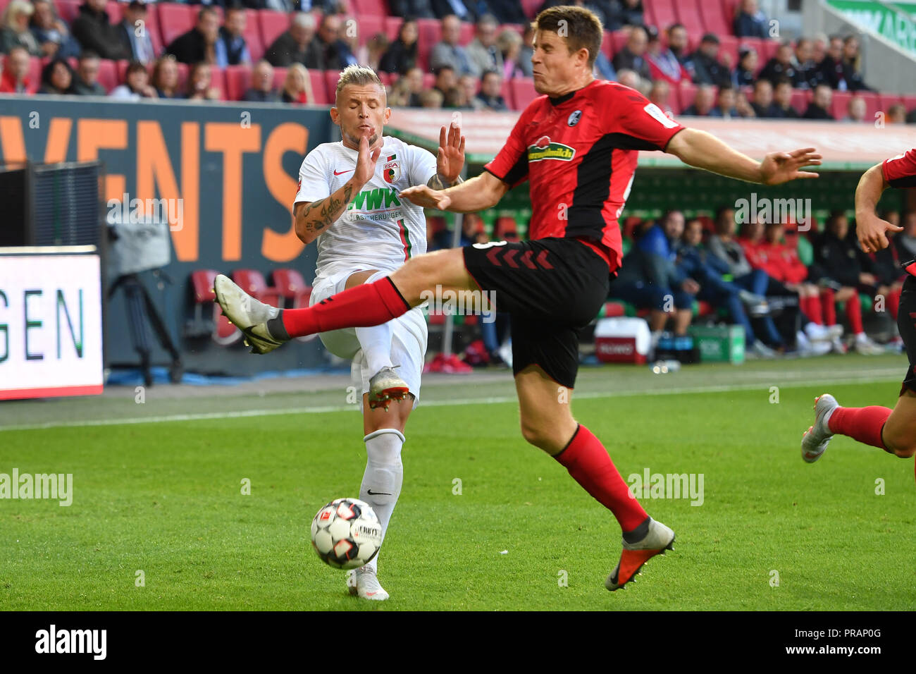 Dominique Heintz Sc Freiburg Action Duels Versus Jonathan Schmid Fc Augsburg Soccer 1 Bundesliga 6 Matchday