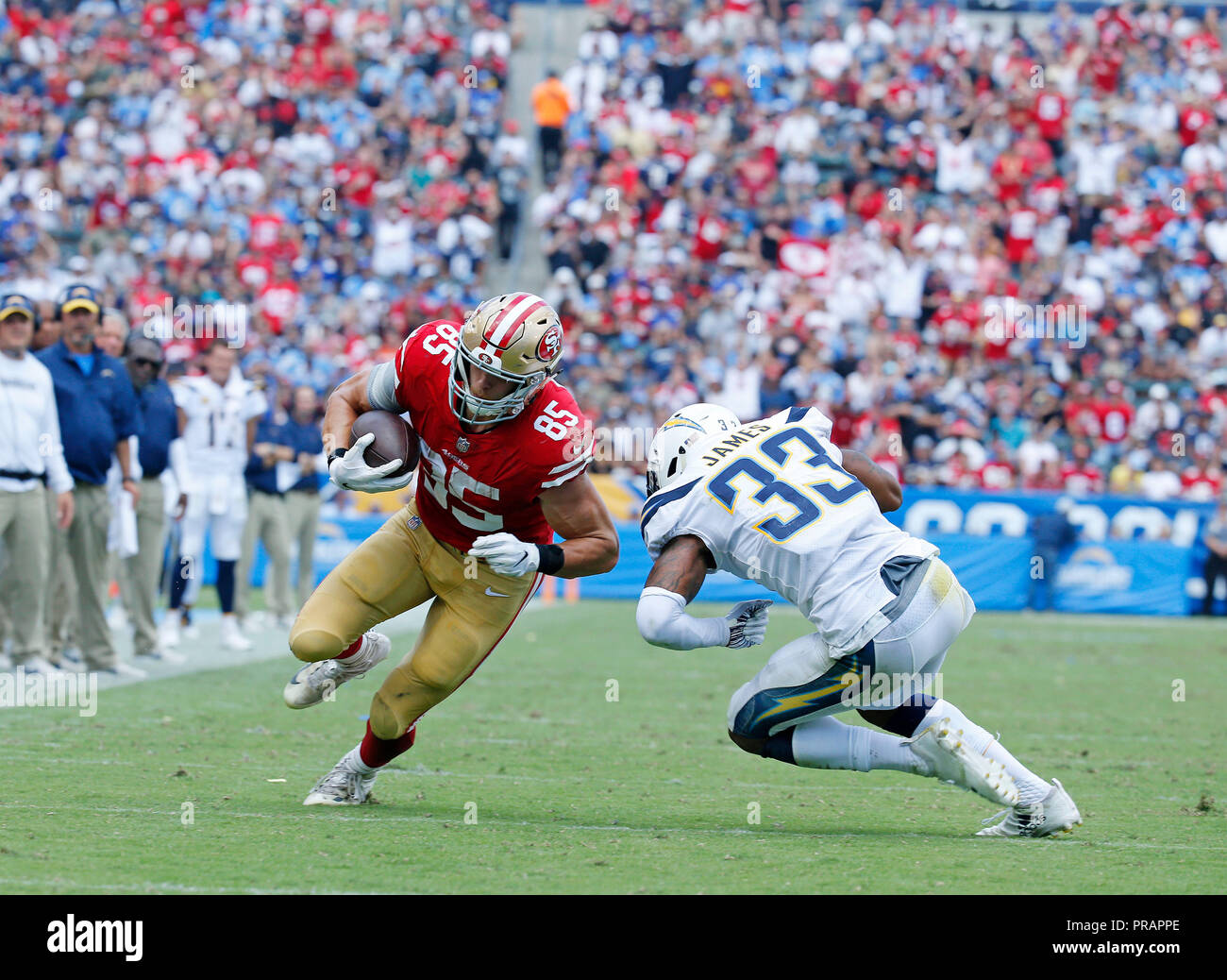 San Francisco 49ers tight end George Kittle (85) makes a catch during an  NFL football game against the Seattle Seahawks, Sunday, Oct. 3, 2021 in  Santa Clara, Calif. (AP Photo/Lachlan Cunningham Stock