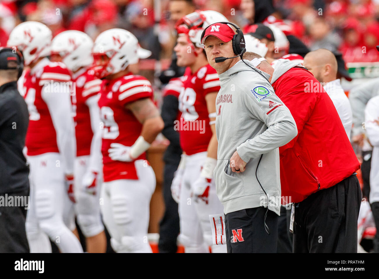 Lincoln, NE. U.S. 29th Sep, 2018. Nebraska Cornhuskers head coach Scott Frost during a NCAA Division 1 football game between Purdue Boilermakers and the Nebraska Cornhuskers at Memorial Stadium in Lincoln, NE.Attendance: 88,911.Purdue won 42-28.Michael Spomer/Cal Sport Media/Alamy Live News Stock Photo