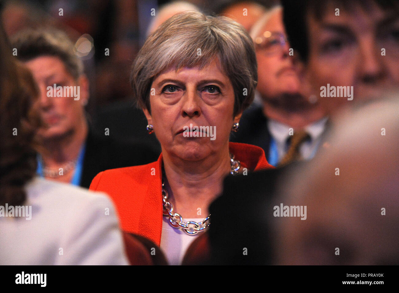 Birmingham, England. 30th September, 2018.  Theresa May MP, Prime Minister and Leader of the Conservative Party, listening to opening speeches to conference on the first session of the first day of the Conservative Party annual conference at the ICC.  Kevin Hayes/Alamy Live News Stock Photo