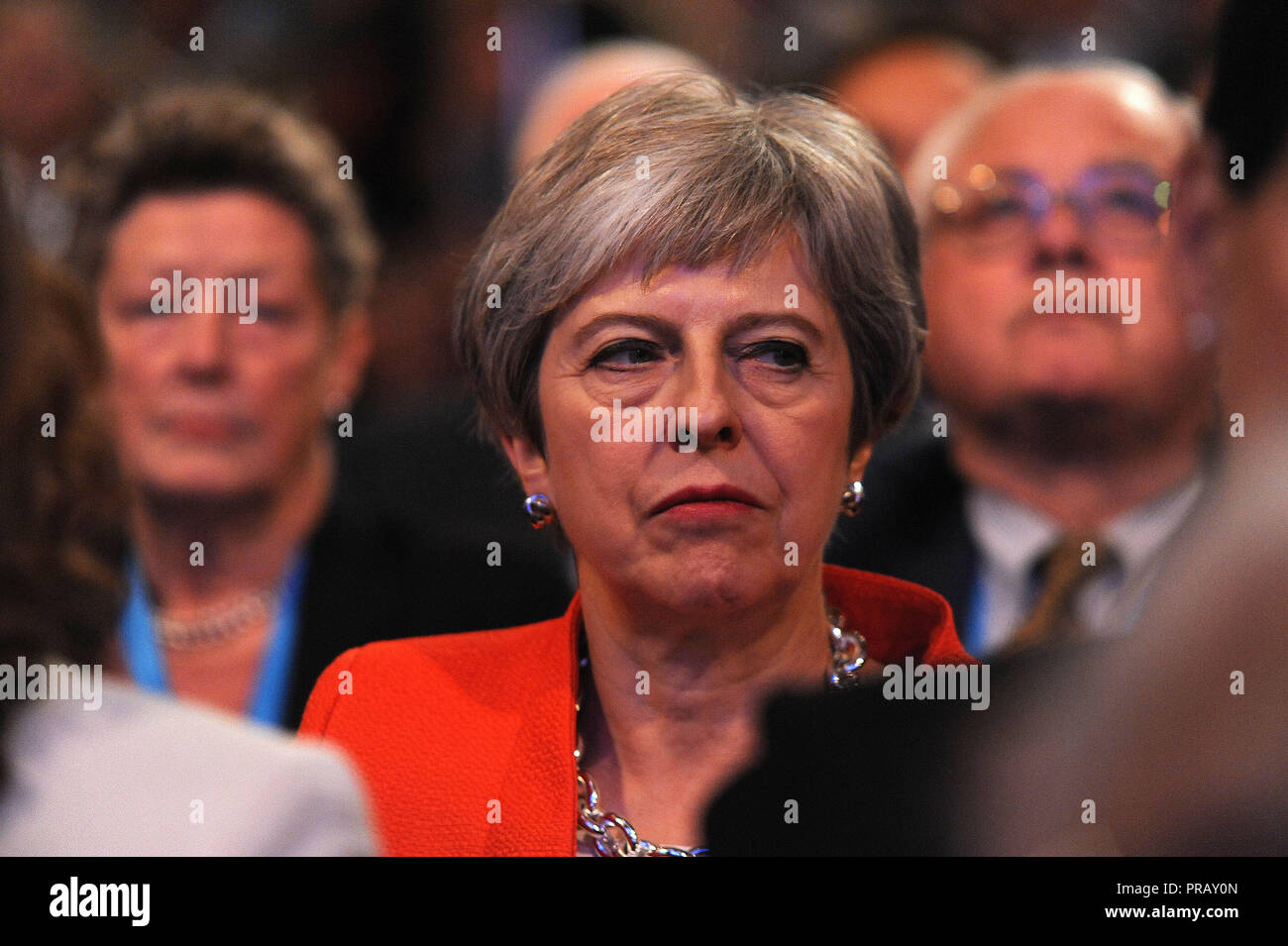 Birmingham, England. 30th September, 2018.  Theresa May MP, Prime Minister and Leader of the Conservative Party, listening to opening speeches to conference on the first session of the first day of the Conservative Party annual conference at the ICC.  Kevin Hayes/Alamy Live News Stock Photo