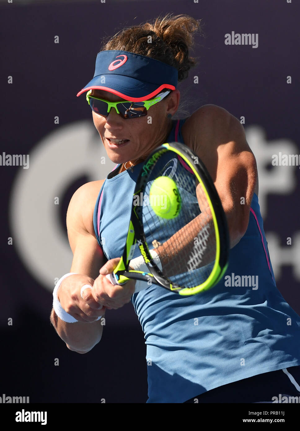 Beijing, China. 1st Oct, 2018. Samantha Stosur of Australia hits a return during the women's singles first round match against Karolina Pliskova of Czech Republic at China Open tennis tournament in Beijing, China, Oct. 1, 2018. Credit: Zhang Chenlin/Xinhua/Alamy Live News Stock Photo