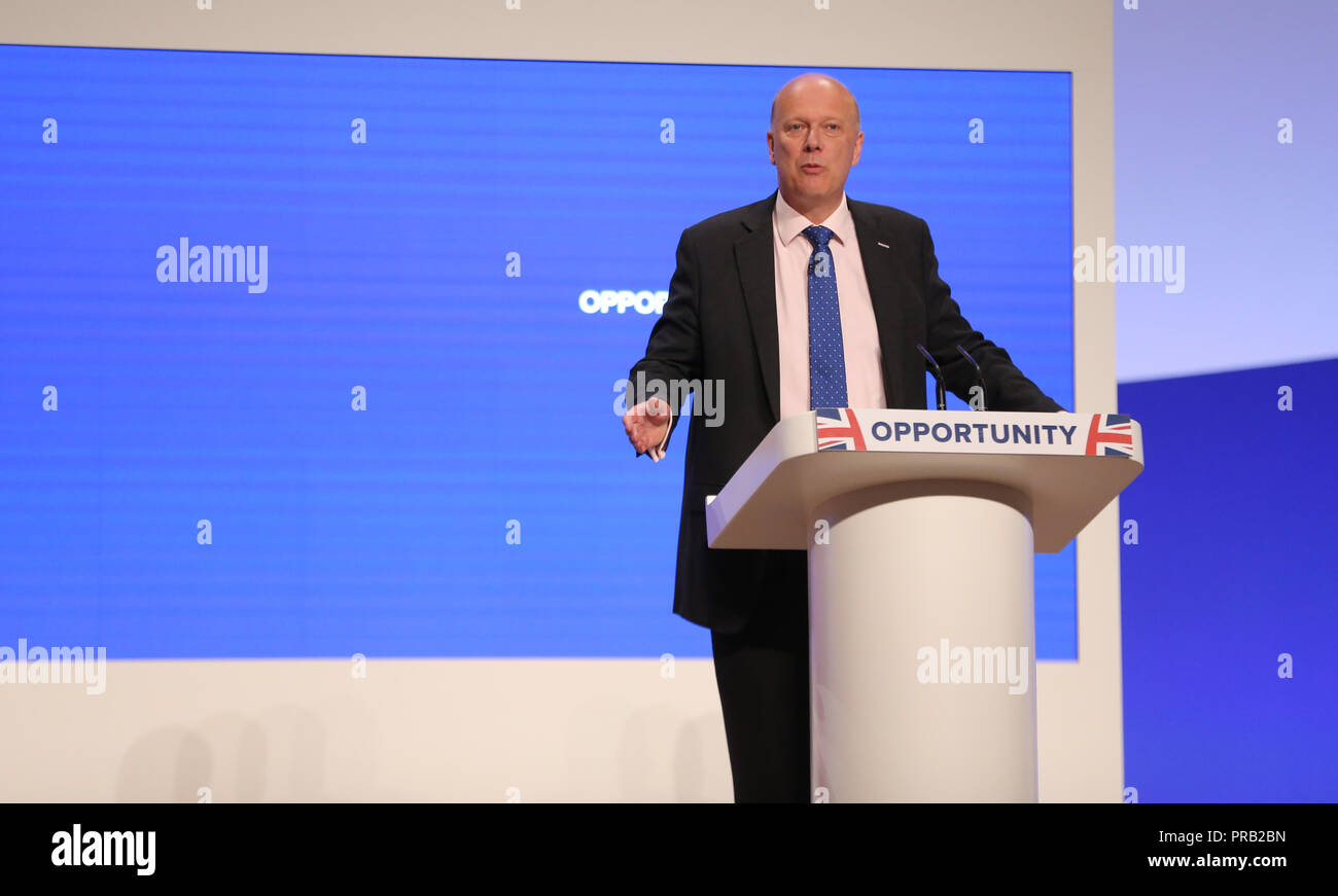 Birmingham, UK. 1st Oct 2018. Chris Grayling Mp Secretary Of State For Transport Conservative Party Conference 2018 The Icc, Birmingham, England 01 October 2018 Addresses The Conservative Party Conference 2018 At The Icc, Birmingham, England Credit: Allstar Picture Library/Alamy Live News Stock Photo