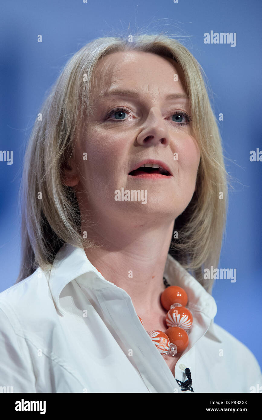 Birmingham, UK. 1st October 2018. Liz Truss, Chief Secretary to the Treasury and Conservative MP for South West Norfolk, speaks at the Conservative Party Conference in Birmingham. © Russell Hart/Alamy Live News. Stock Photo