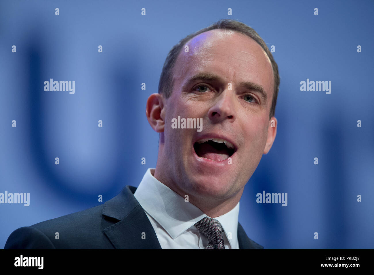 Birmingham, UK. 1st October 2018. Dominic Raab, Secretary of State for Exiting the European Union and Conservative MP for Esher and Walton, speaks at the Conservative Party Conference in Birmingham. © Russell Hart/Alamy Live News. Stock Photo