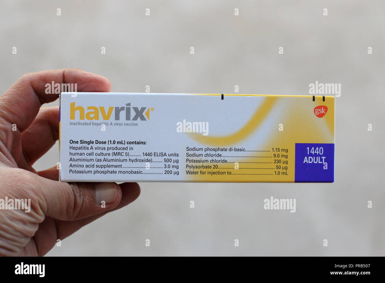 (NOT AN ACTUAL MEDICATION. This is stock photo). Close up of Havrix a hepatitis A vaccine Stock Photo