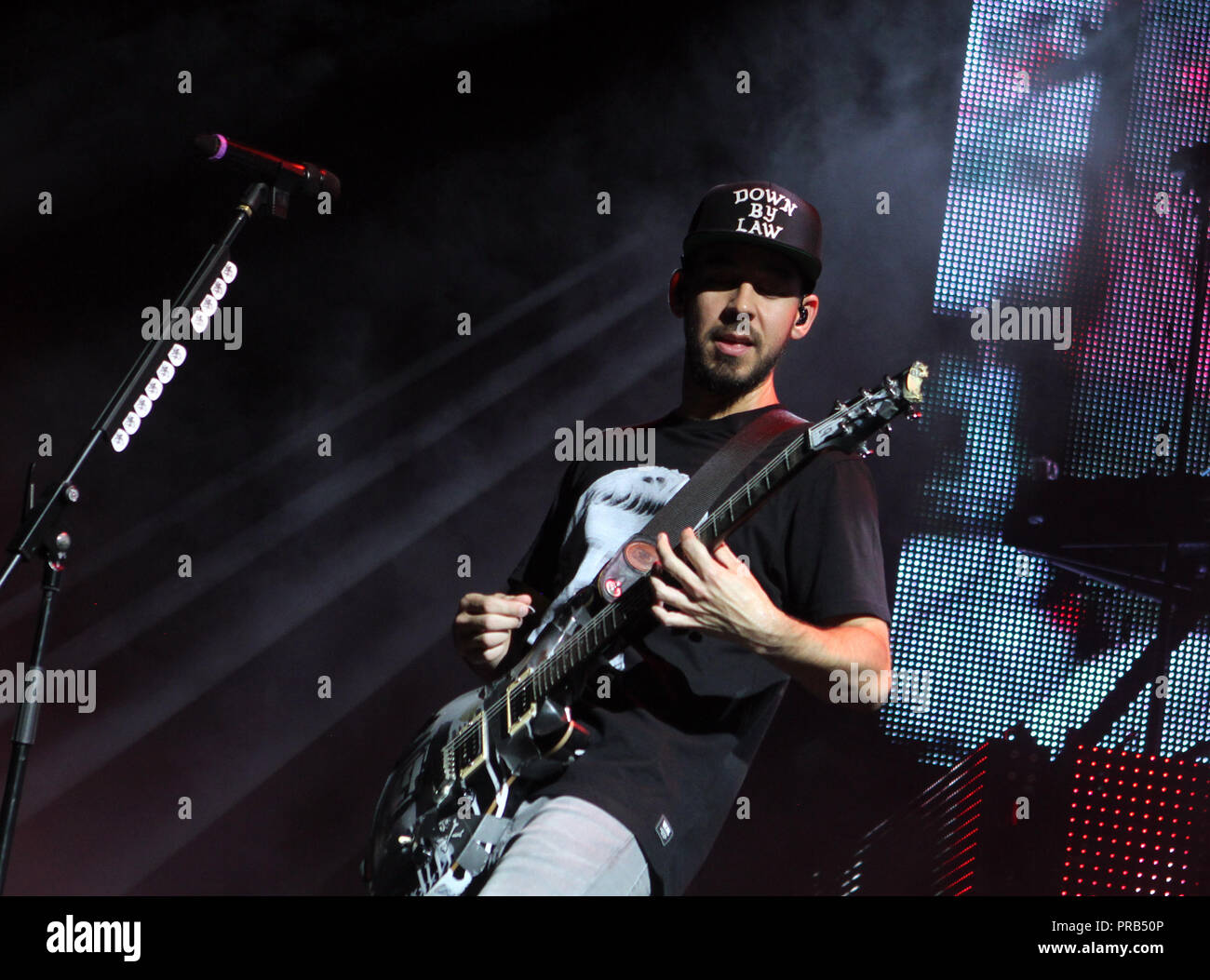 Mike Shinoda with Linkin Park performs on the opening night of their tour at the Cruzan Amphitheatre in West Palm Beach, Florida on August 8, 2014. Stock Photo