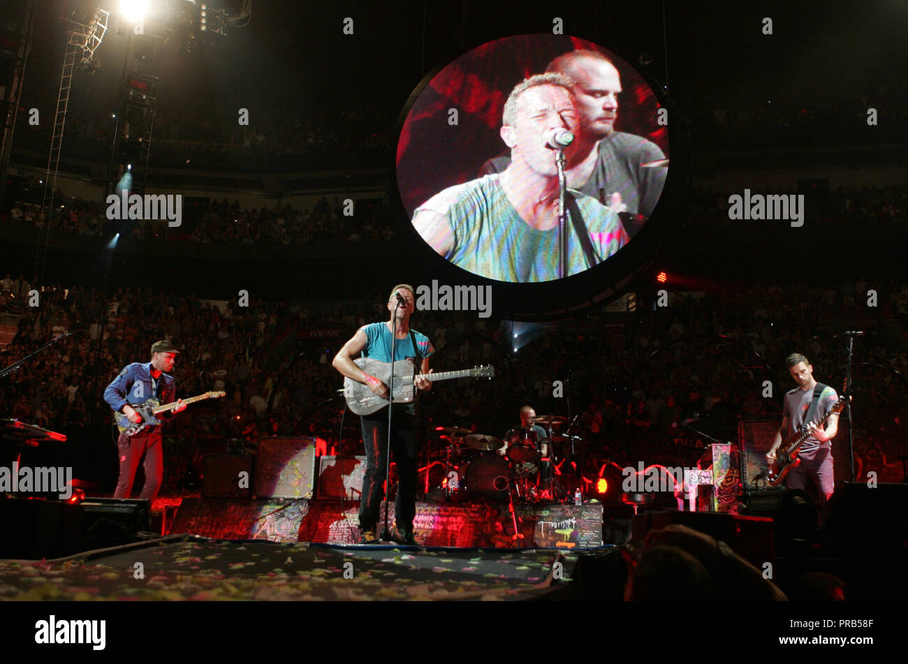 Coldplay performs in concert on their Mylo Xyloto tour 2012 at the American Airlines Arena in Miami on June 29, 2012. Stock Photo