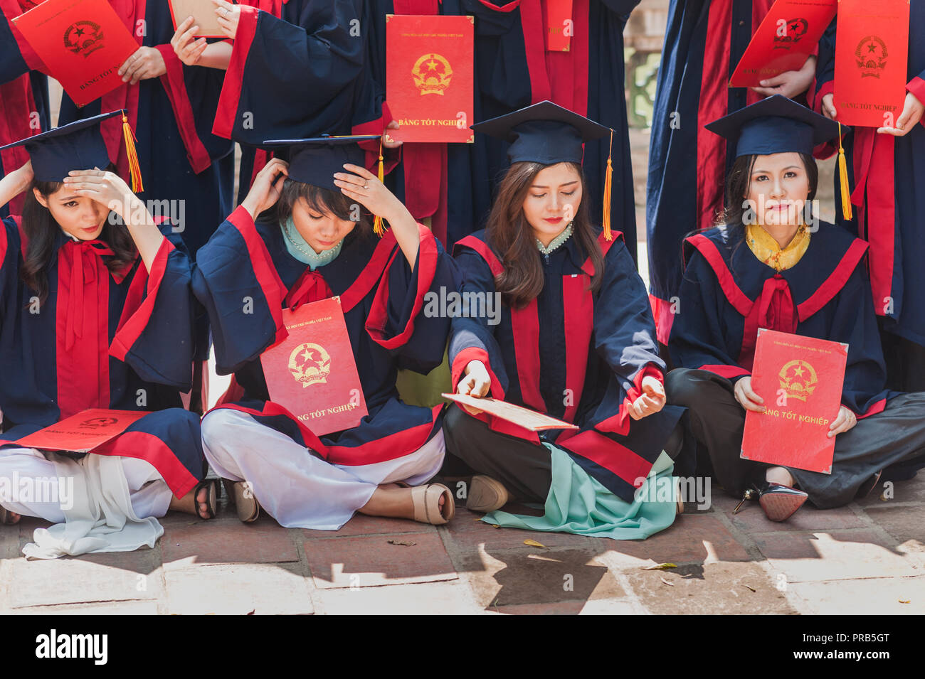 Hanoi, Vietnam October 16, 2016. Group of students dressed in caps