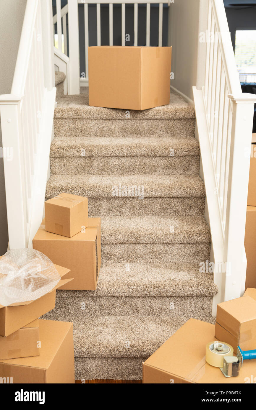 Abstract of Stairs With New Carpets and Moving Boxes Stock Photo Alamy