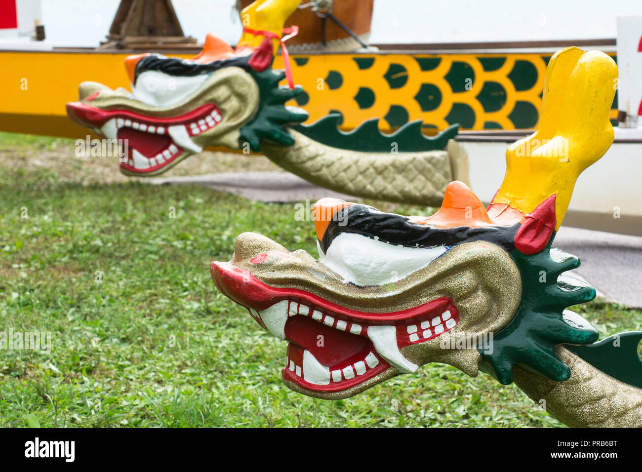 Colorful dragons on the head of Chinese Dragon Boats Stock Photo