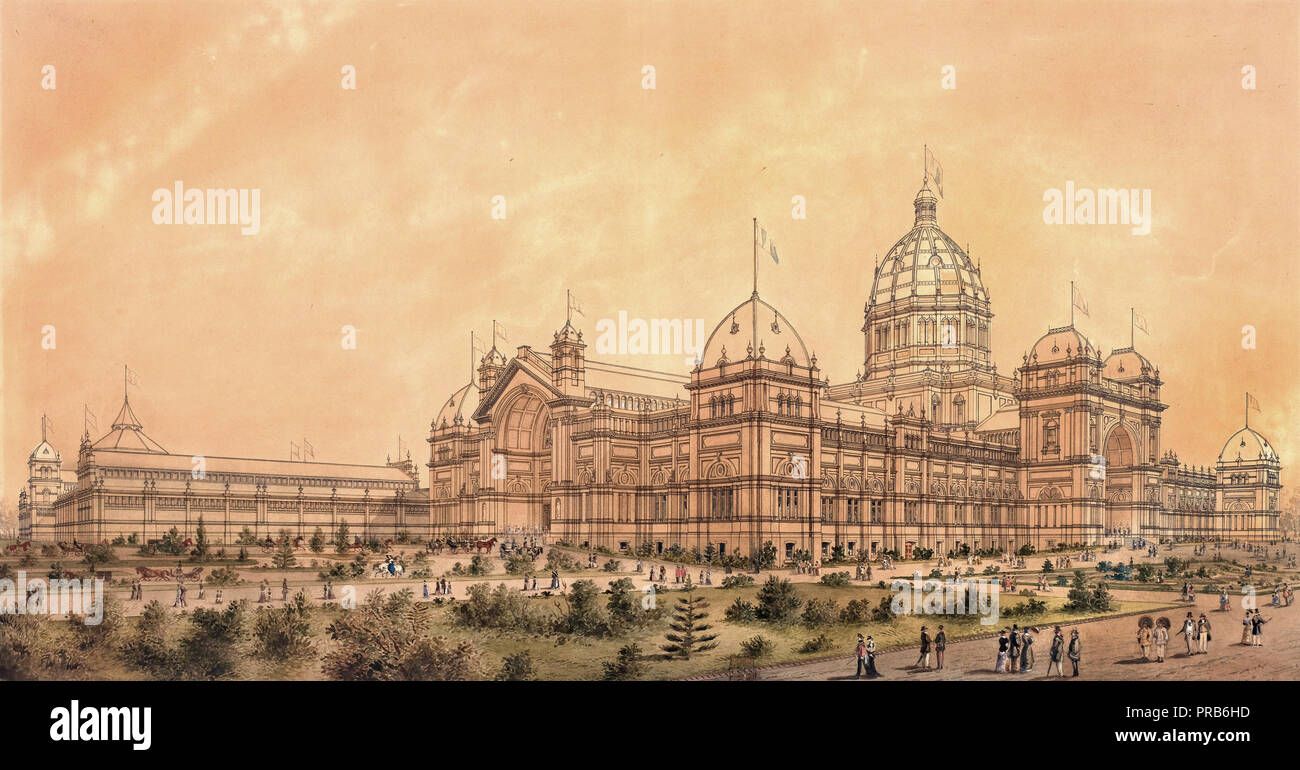 Joseph Reed, The Exhibition Building Melbourne 1880, the South West Aspect of the Main Hall 1879 Watercolor, Museum Victoria, Australia. Stock Photo