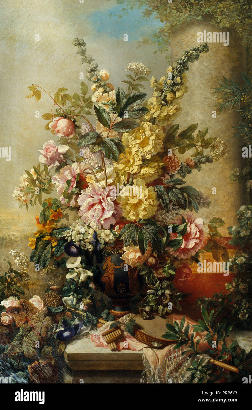 Josep Mirabent, Large Vase with Flowers, Circa 1880-1888, Oil on canvas, Museu Nacional d'Art de Catalunya, Barcelona, Spain. Stock Photo