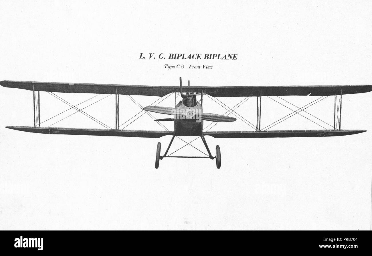 Types of German Airplanes. L.V.G. Biplace Biplane. Front View Stock Photo