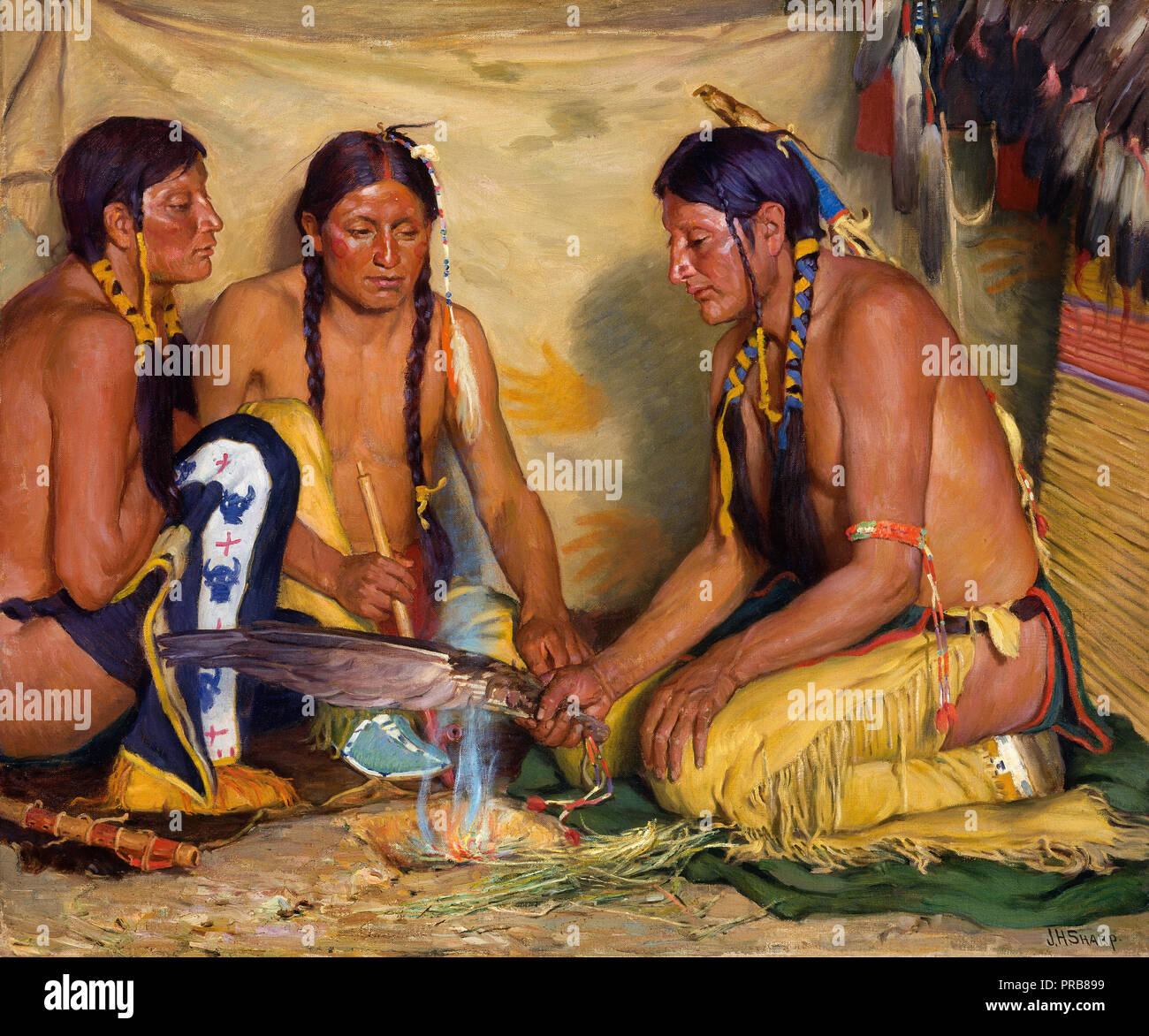 Joseph Henry Sharp, Making Sweet Grass Medicine, Blackfoot Ceremony, Circa 1920 Oil on canvas, Smithsonian American Art Museum, Washington, D.C., USA. Stock Photo