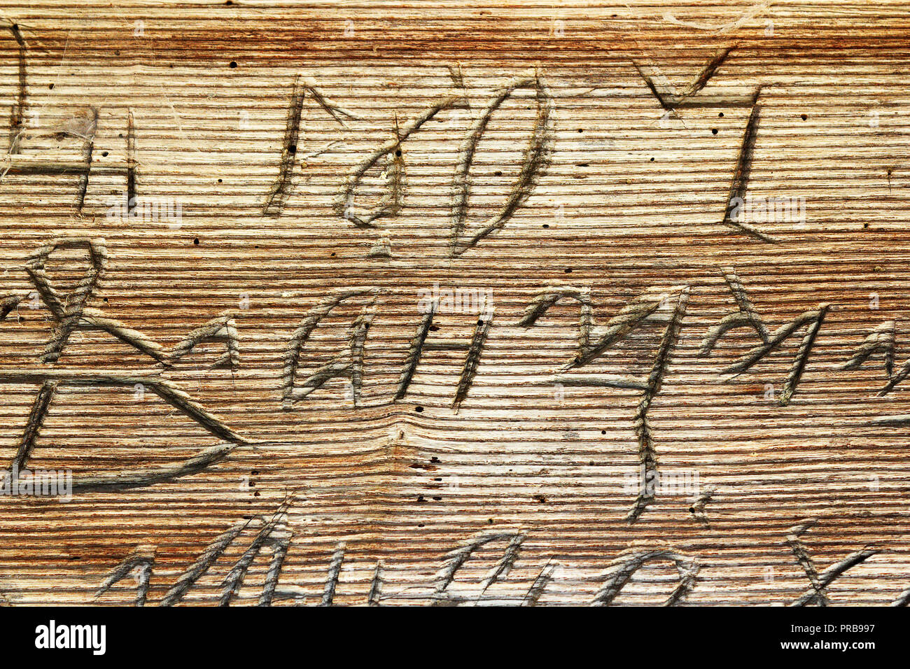 cyrillic writings on old wooden church  from Transylvania Stock Photo