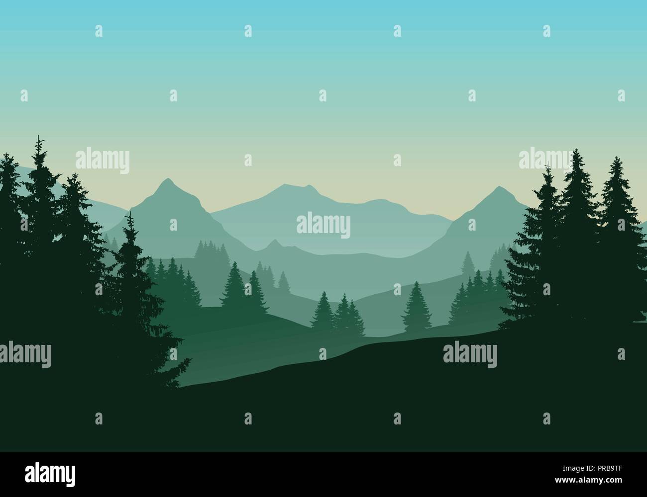 Realistic illustration of mountain landscape with coniferous forest and ...