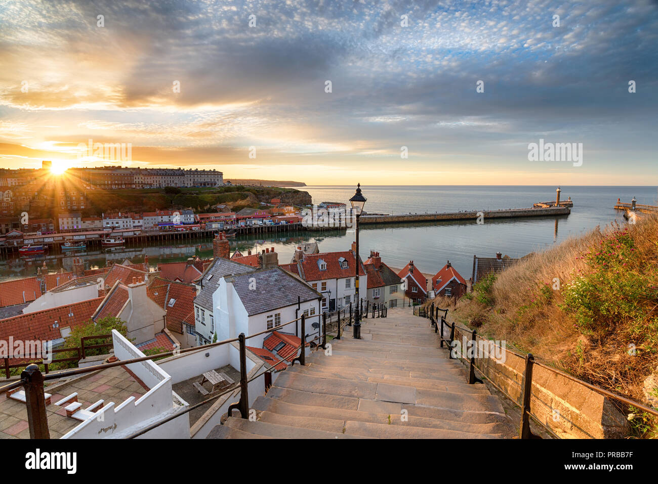 Sunset over Whitby on the North Yorkshire coast from the 199 Steps ...