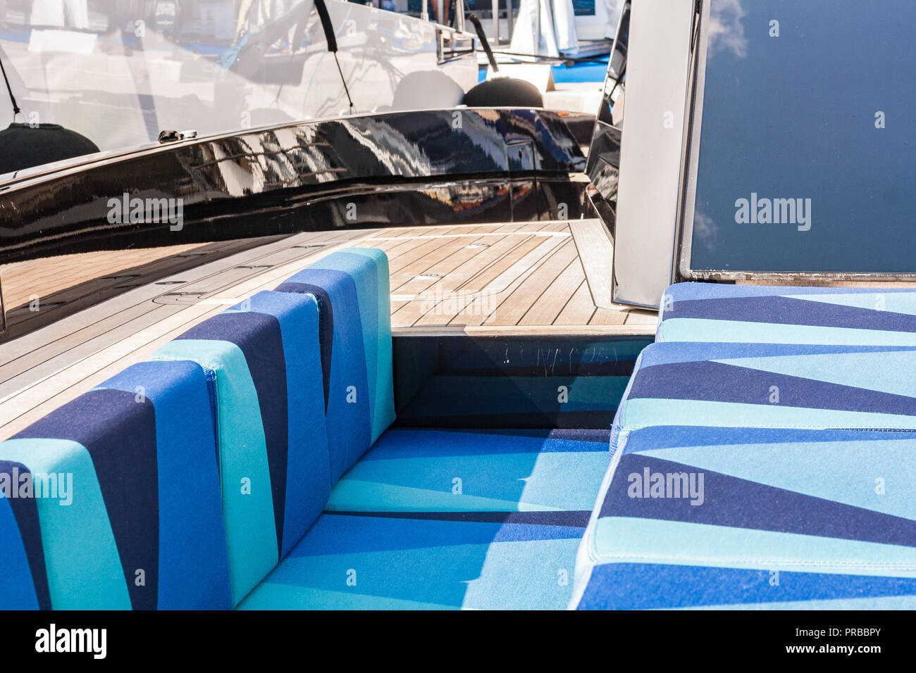 Wally yachts, Checkmate. Power, luxury boat, details from the annual Monaco Yacht Show. Best naval design of the year, wood and carbon fiber look. Stock Photo